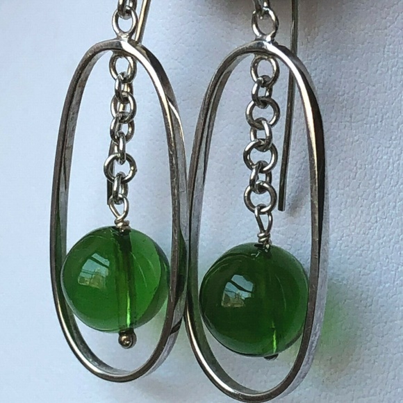 LARGE STERLING SILVER DROP GREEN GLASS EARRINGS